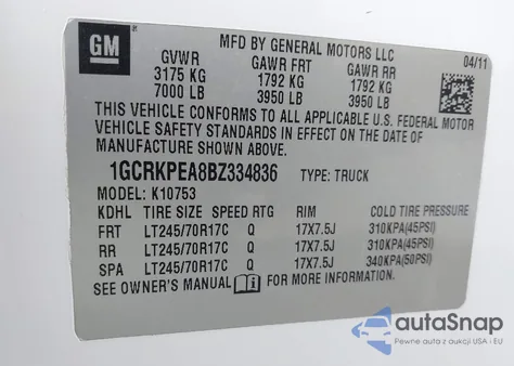 2011 Chevrolet Silverado 1500 Work Truck z USA, uszkodzony, nr VIN 1GCRKPEA8BZ334836